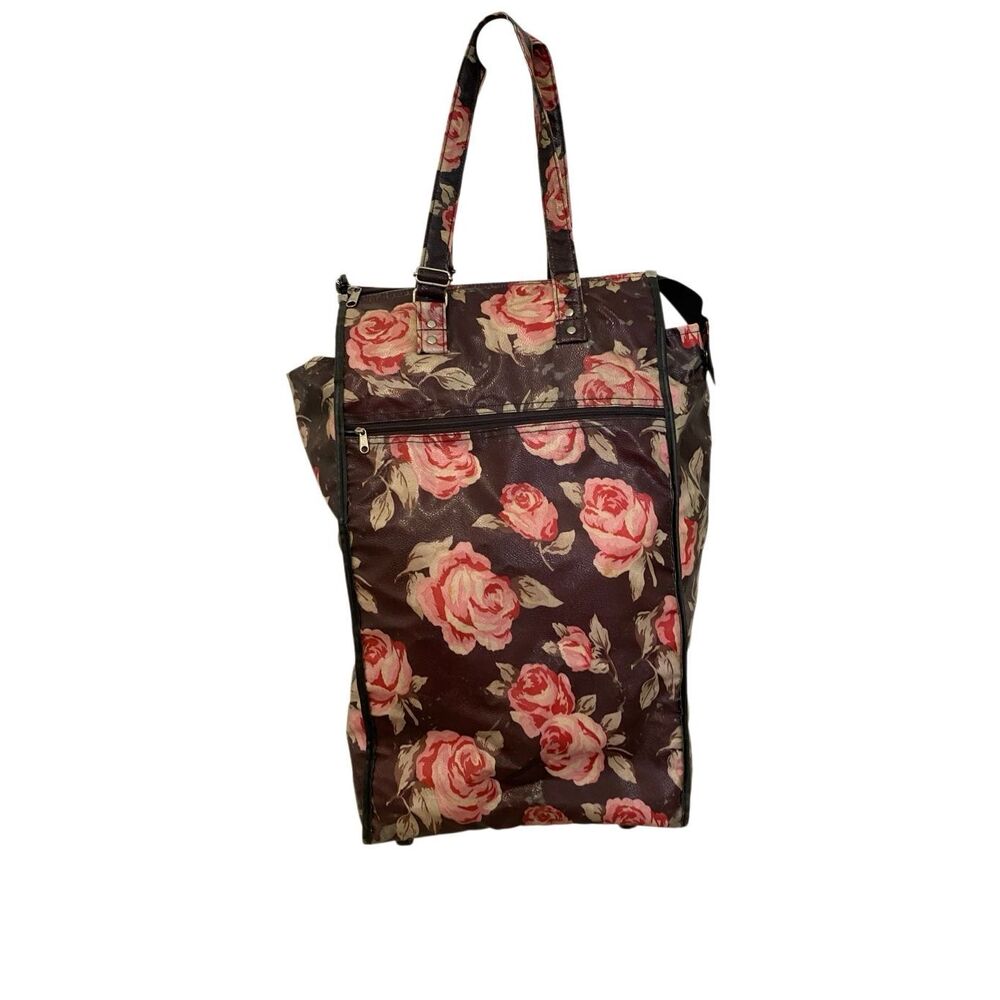 Vintage Floral Rolling Tote Bag Roses Travel Utility Storage Carrier Luggage